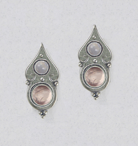 Sterling Silver Gothic Look Post Stud Earrings With Rose Quartz And Rainbow Moonstone